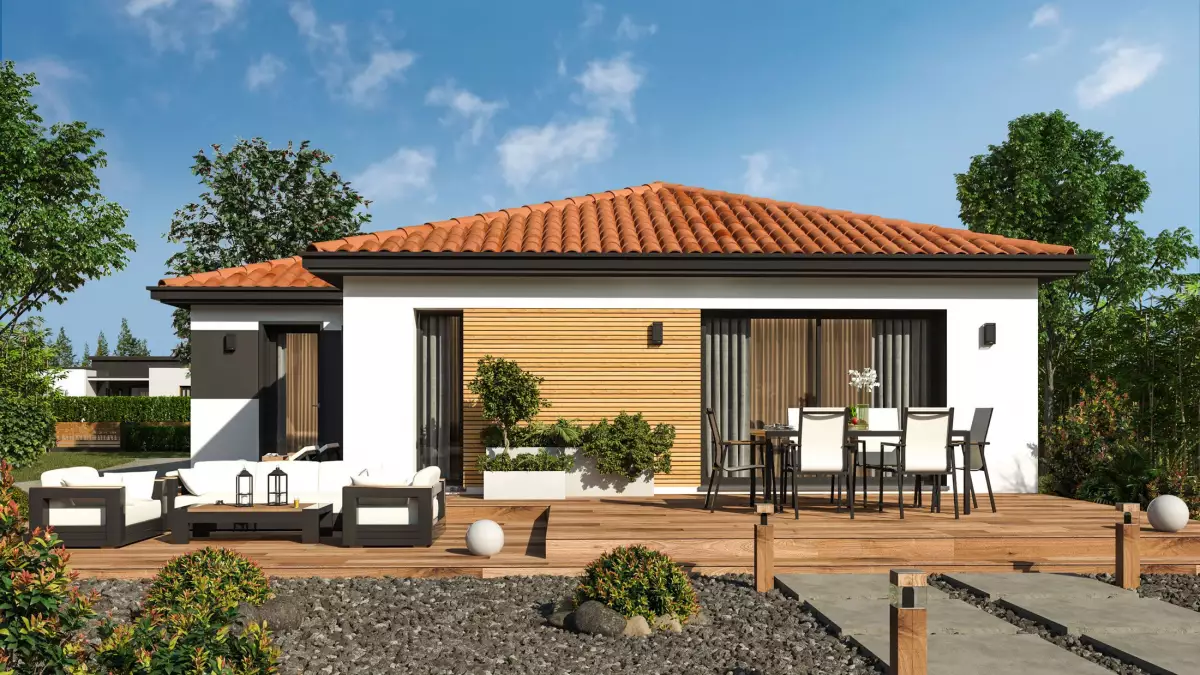 Maison de plain pied 85 m² toiture tuile 4 pans