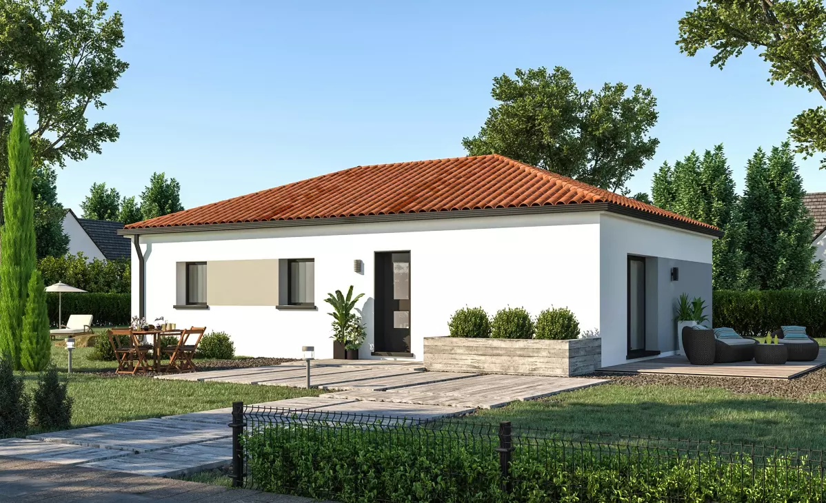 Maison plain pied moderne toiture 4 pans en tuiles