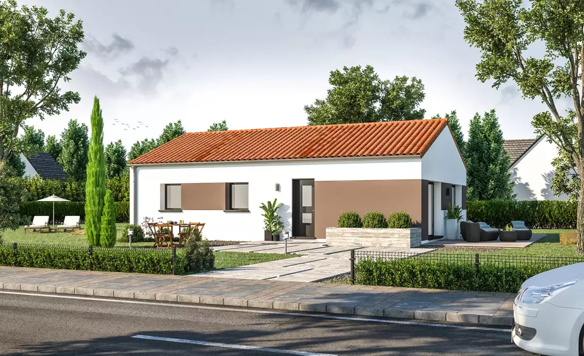 Maison plain pied moderne toiture 2 pans en tuiles