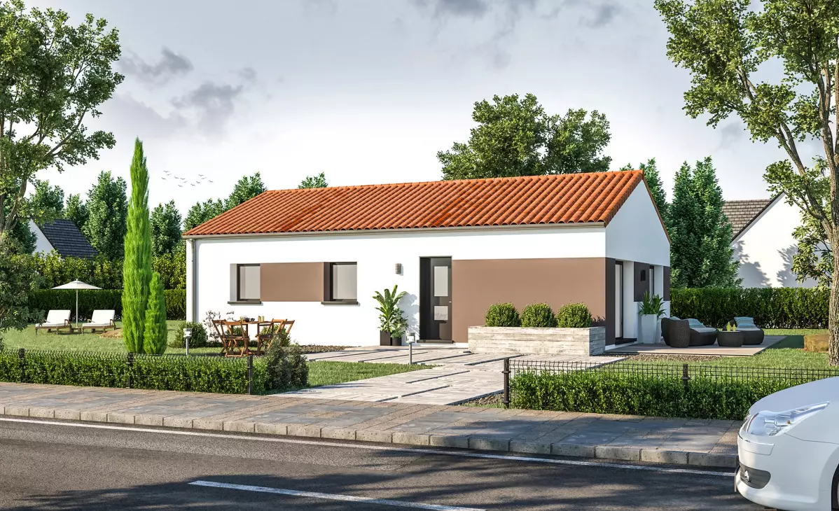 Maison plain pied moderne toiture 2 pans en tuiles