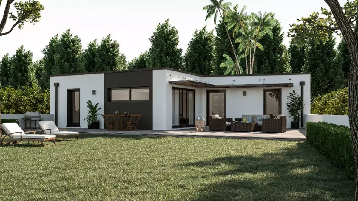 Modèle de maison plain pied toit faible pente 4 chambres MICA