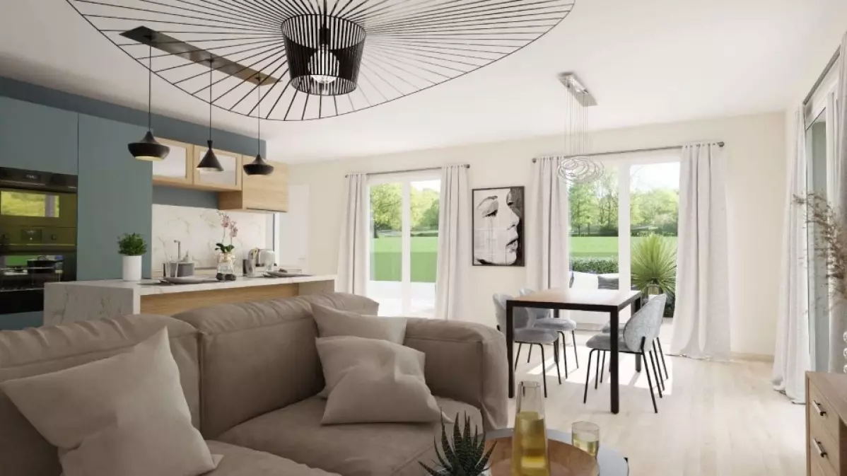 Modèle de maison plain pied toit faible pente 4 chambres MICA 2