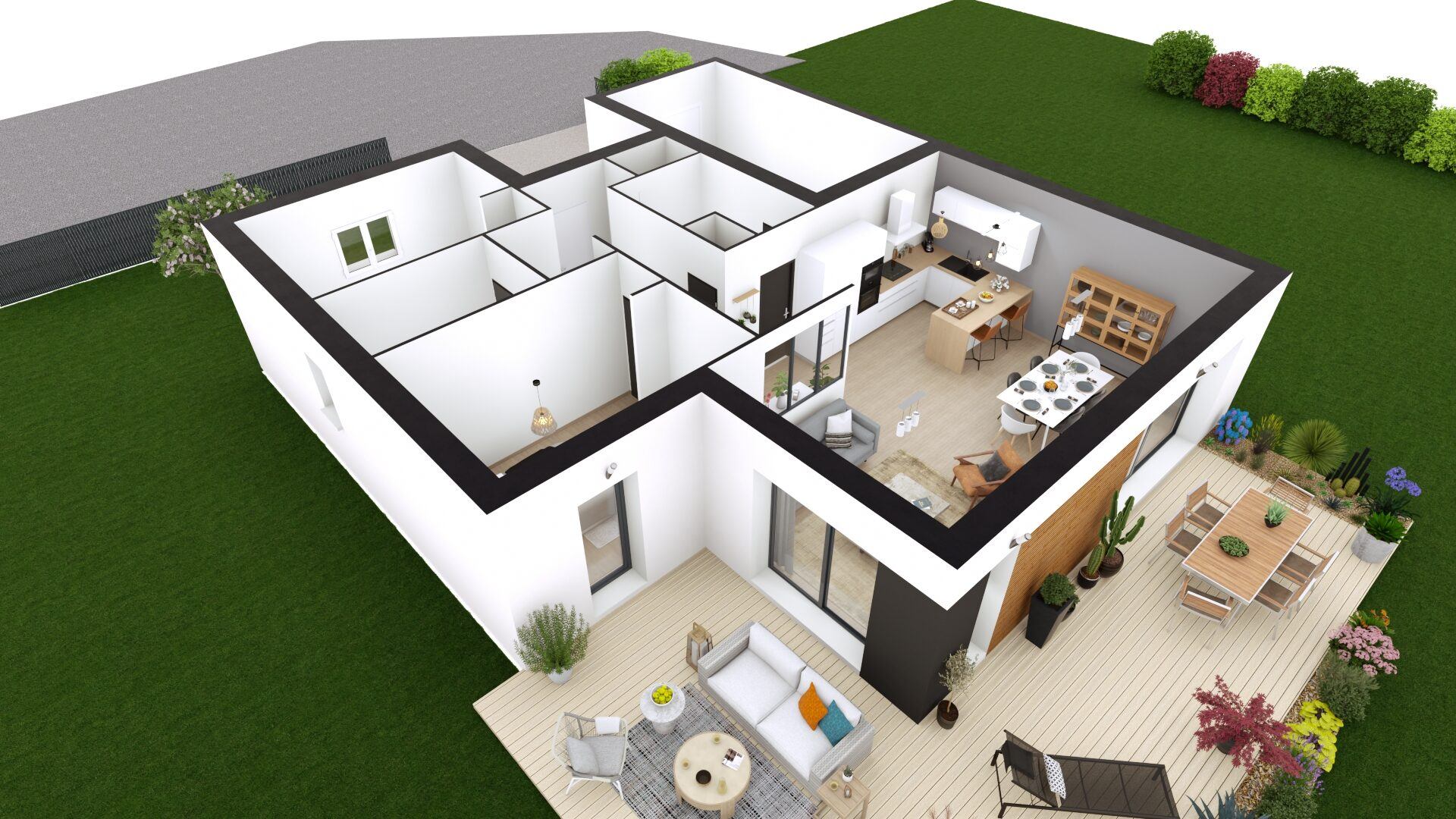 plan 3D maison plain pied 2 chambres