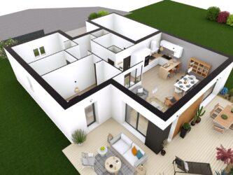 plan 3D maison plain pied 2 chambres