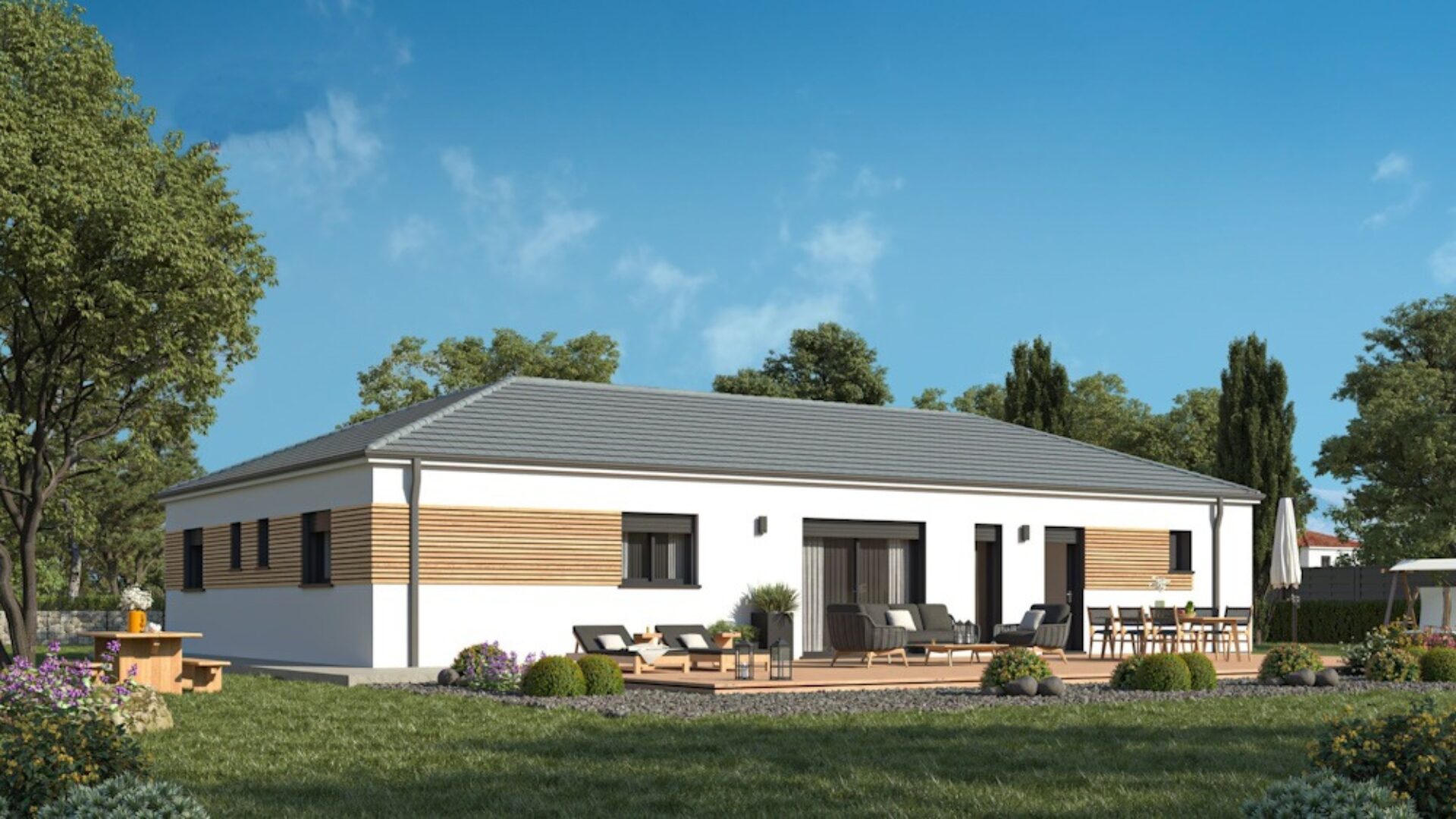 Maison ossature bois plain pied 4 chambres - vue jardin (1)