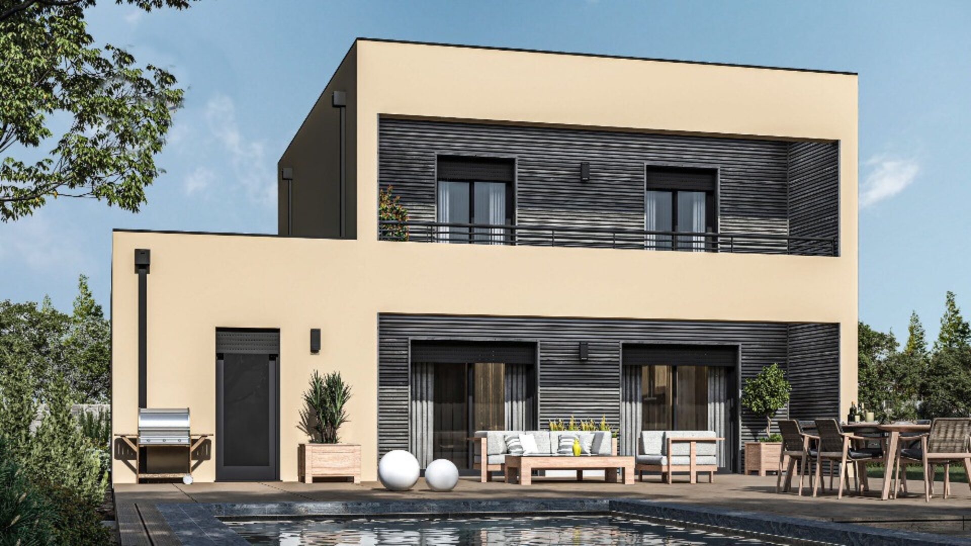 Maison cubique bois toit plat avec loggia